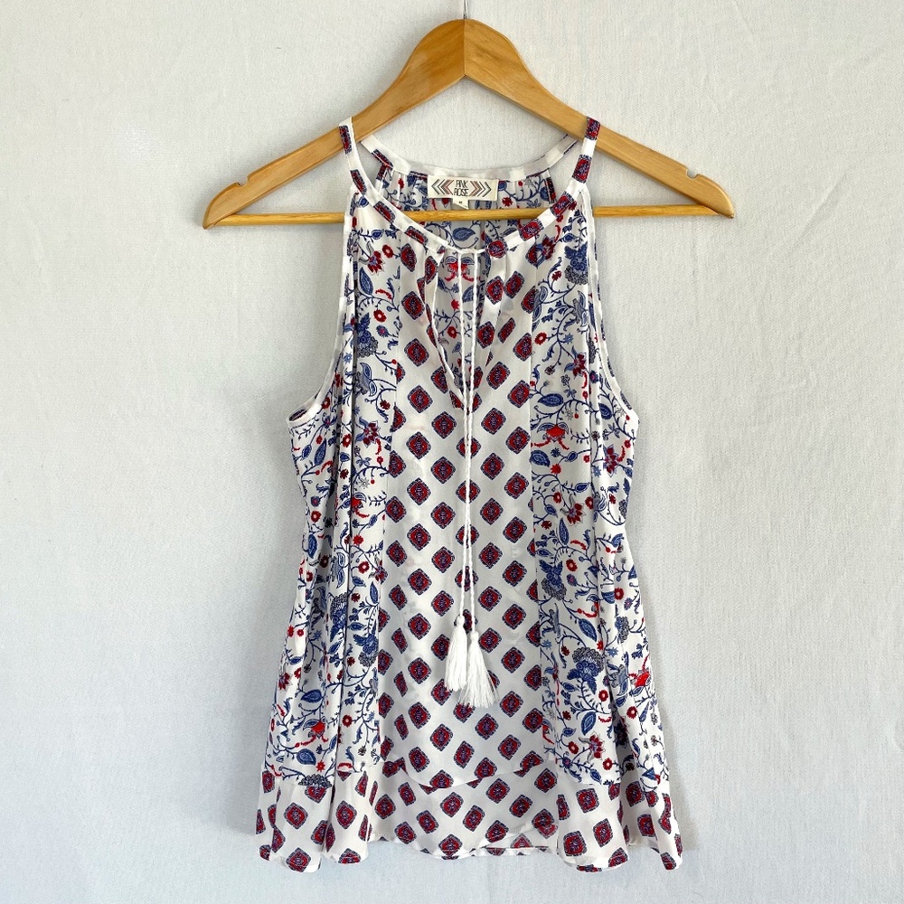 PINK ROSE Women's Medium Halter Neck Tassel Tie Red White & Blue Sleeveless Top